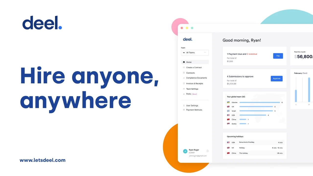 Deel platform banner showing global hiring and onboarding features