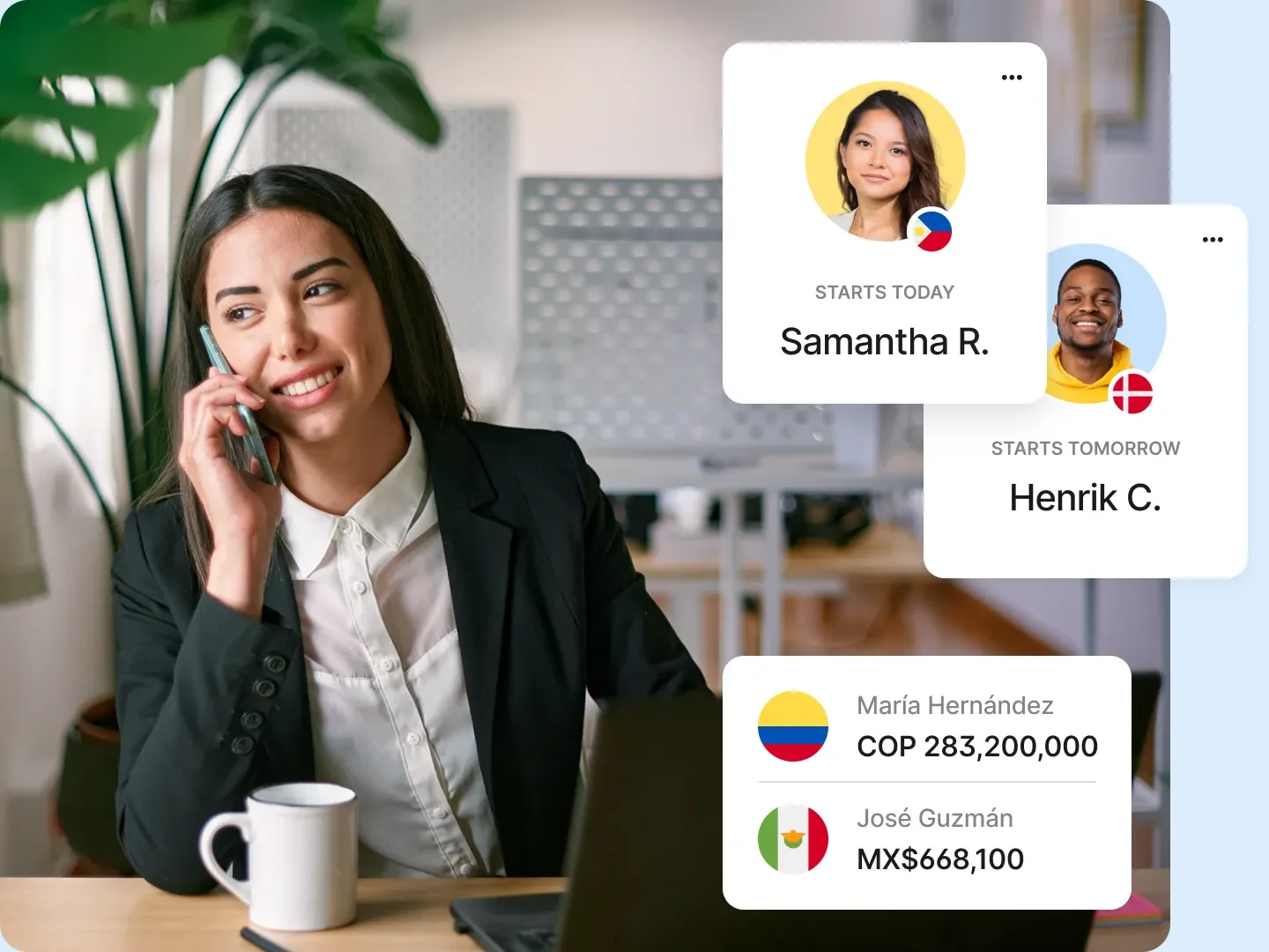 A professional smiles while on a call, efficiently managing international hiring and multi-currency payroll for a global team. A professional smiles while on a call, efficiently managing international hiring and multi-currency payroll for a global team.