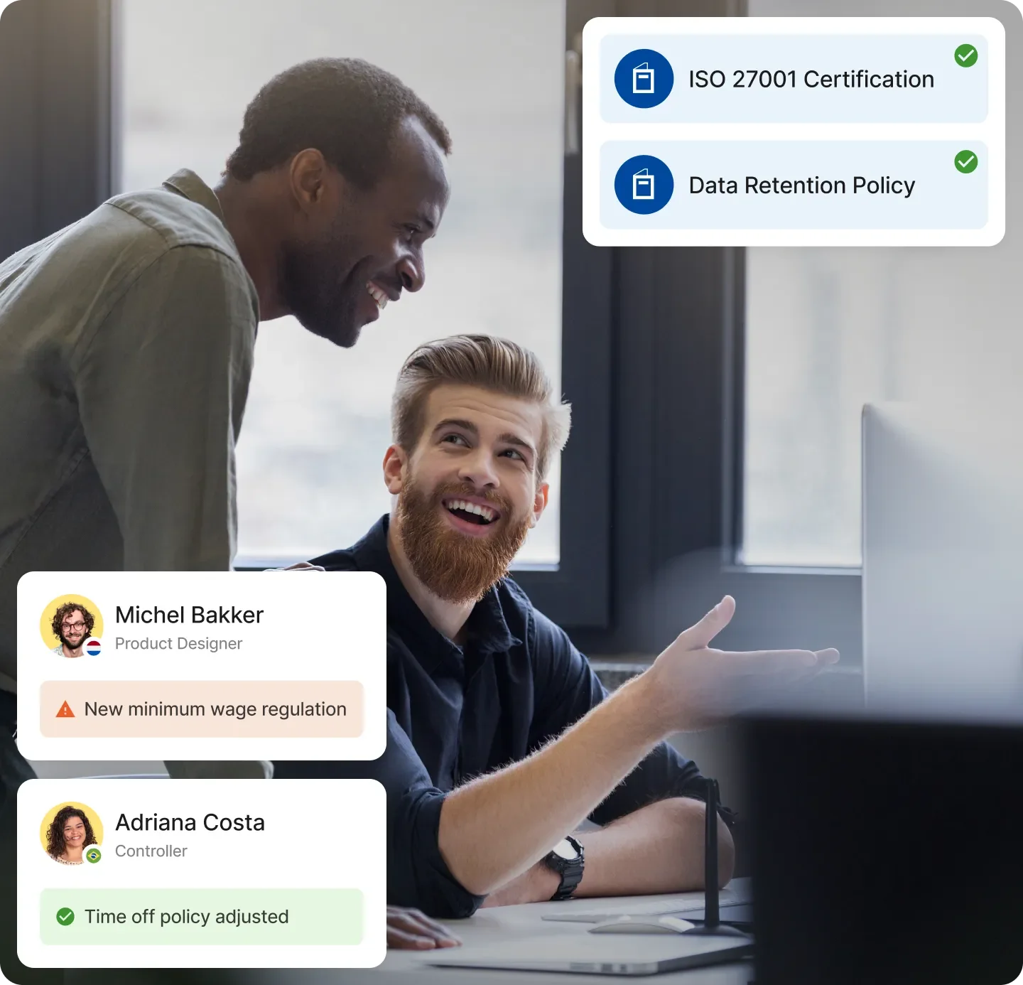 A platform streamlines global HR and payroll, showing compliance for policies and certifications alongside employee-specific updates. A platform streamlines global HR and payroll, showing compliance for policies and certifications alongside employee-specific updates.