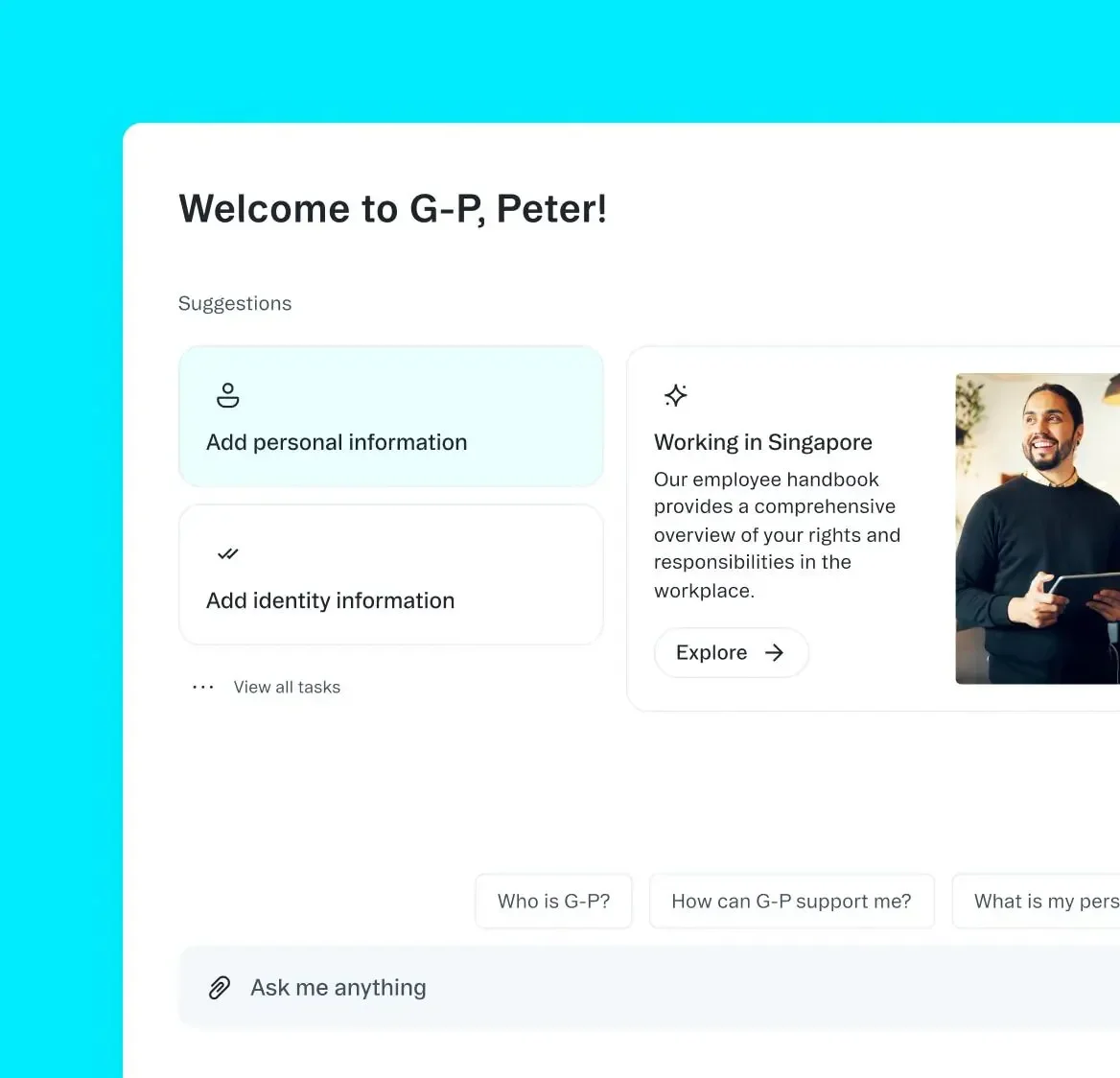 A product welcome page with personalized onboarding tasks, employee resources, and an AI assistant. A product welcome page with personalized onboarding tasks, employee resources, and an AI assistant.