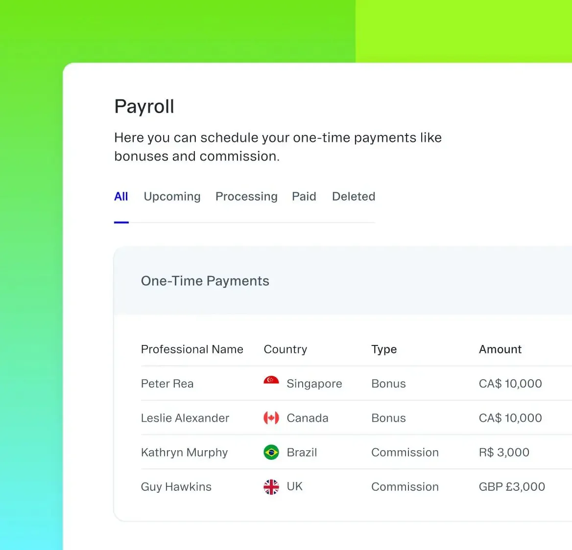 View and schedule one-time payments, including bonuses and commissions, for a global team in multiple currencies. View and schedule one-time payments, including bonuses and commissions, for a global team in multiple currencies.