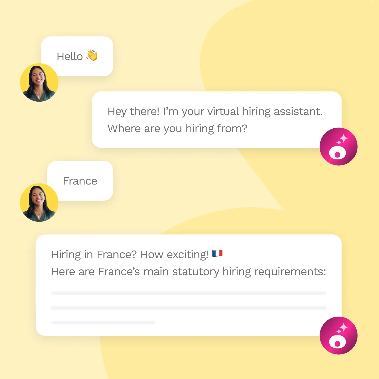 Chat interface showing a virtual hiring assistant greeting a user and discussing France's statutory hiring requirements. Chat interface showing a virtual hiring assistant greeting a user and discussing France's statutory hiring requirements.