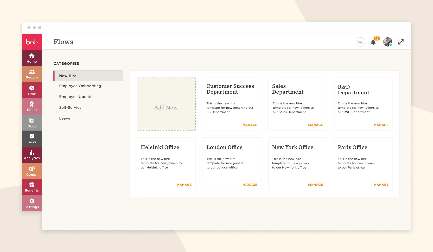 flows, employee onboarding dashboard with new hire templates for multiple offices