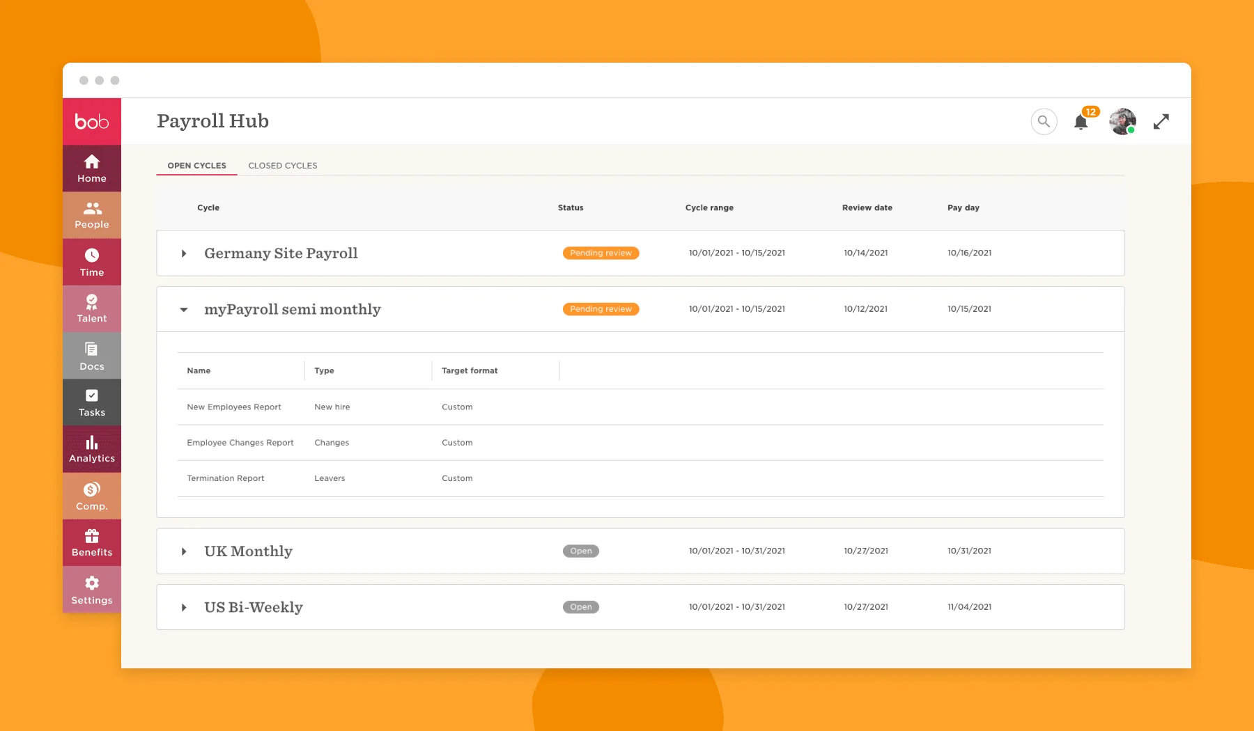 payroll management interface with cycles, status, and review dates for employee payroll reports, data overview for payroll cycles and tasks