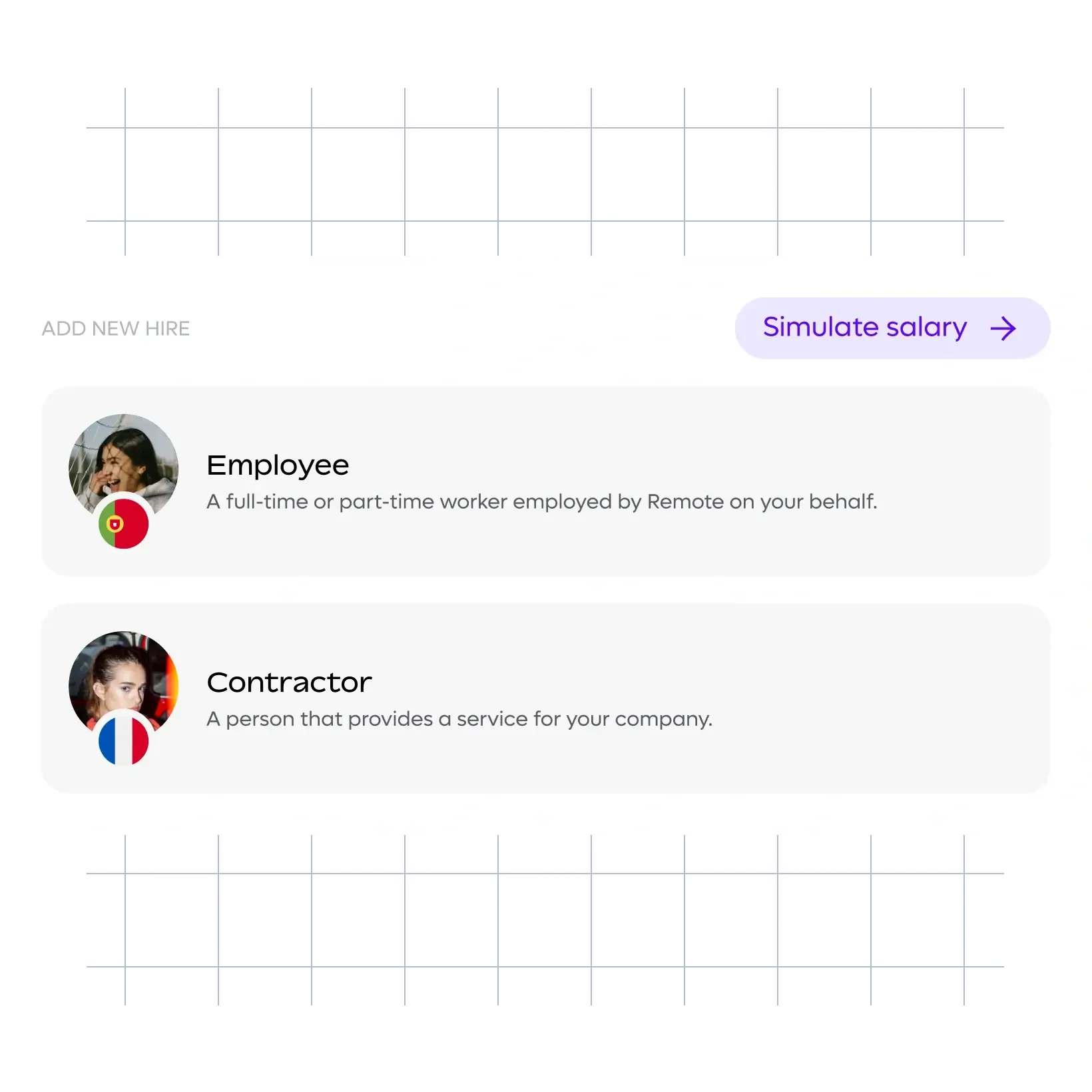 Select to add a new employee or contractor and simulate their salary for global hiring. Select to add a new employee or contractor and simulate their salary for global hiring.
