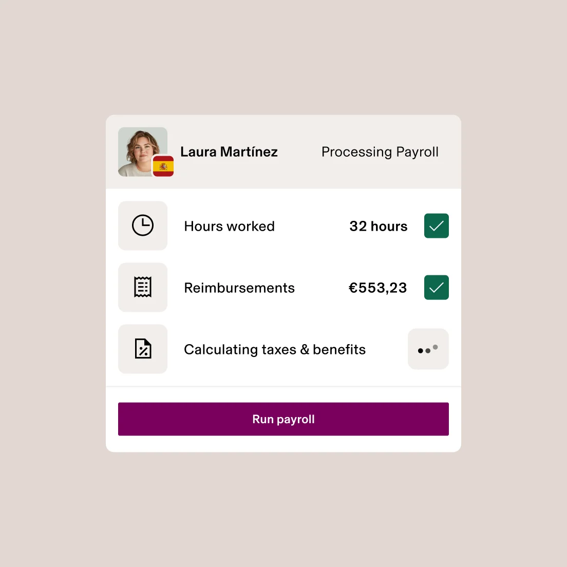 Payroll processing interface showing employee details, 32 hours worked, €553.23 in reimbursements, and tax calculation in progress. Payroll processing interface showing employee details, 32 hours worked, €553.23 in reimbursements, and tax calculation in progress.