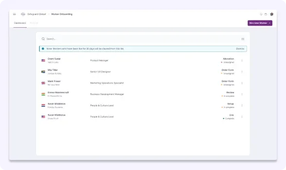 Worker onboarding dashboard displaying a list of individuals and their current progress, from unassigned to live.