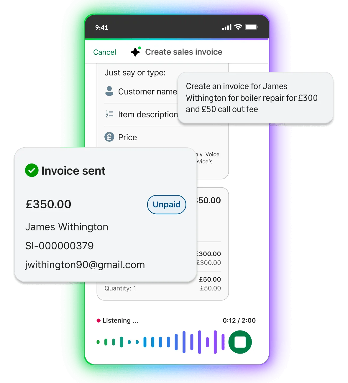 A mobile app user quickly creates and sends an invoice for £350 via voice command for boiler repair. A mobile app user quickly creates and sends an invoice for £350 via voice command for boiler repair.