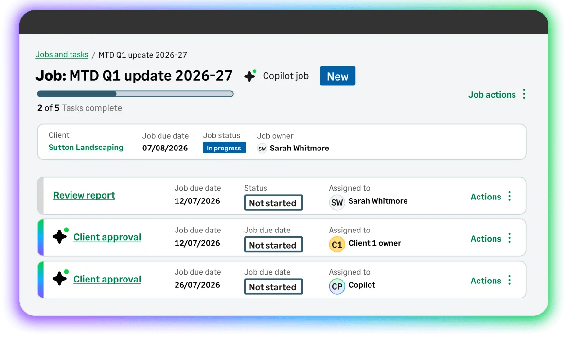 Job tracking screen details tasks for an MTD Q1 update, showing progress, client, owner, due dates, and assignments including Copilot. Job tracking screen details tasks for an MTD Q1 update, showing progress, client, owner, due dates, and assignments including Copilot.