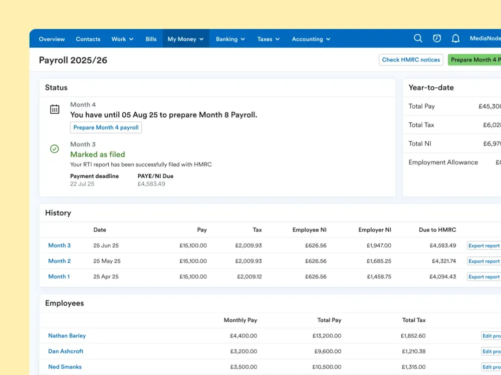 Payroll overview of all employees and RTI submissions in the FreeAgent app Payroll overview of all employees and RTI submissions in the FreeAgent app