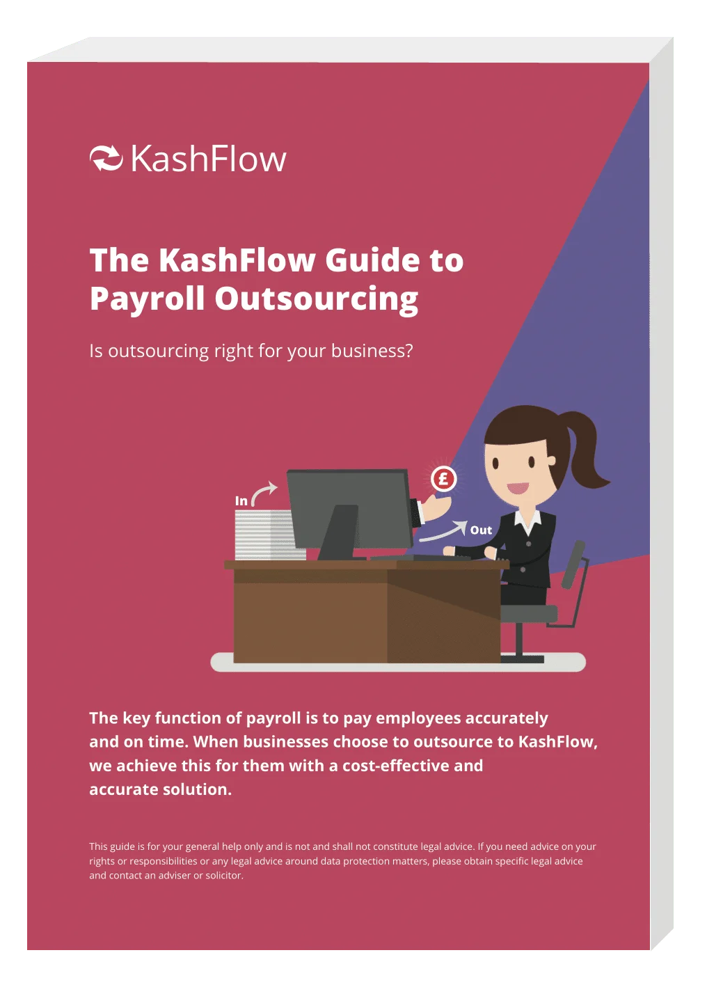 Guide cover illustrates a business person simplifying payroll through outsourcing, with money flowing in and out.