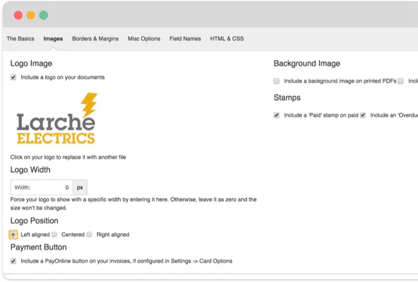 Configure document branding by uploading a company logo, setting its width and alignment, adding a payment button, and enabling 'Paid' or 'Overdue'…