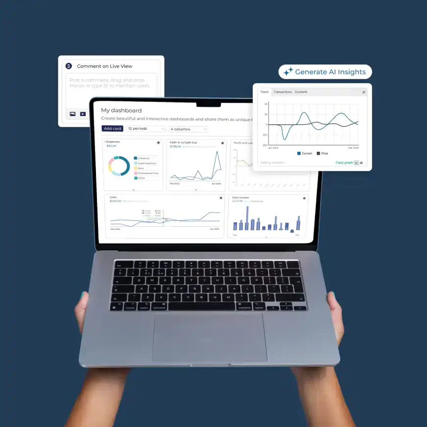 Hands hold a laptop displaying interactive dashboards, real-time collaboration features, and AI-generated financial insights. Hands hold a laptop displaying interactive dashboards, real-time collaboration features, and AI-generated financial insights.