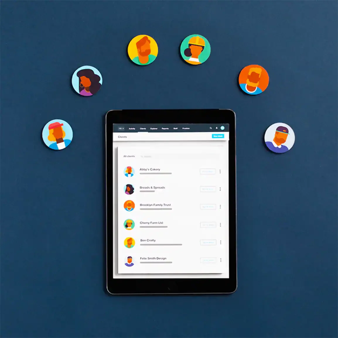 Easily manage diverse clients, displayed as a digital list on a tablet and as matching colorful profile icons. Easily manage diverse clients, displayed as a digital list on a tablet and as matching colorful profile icons.