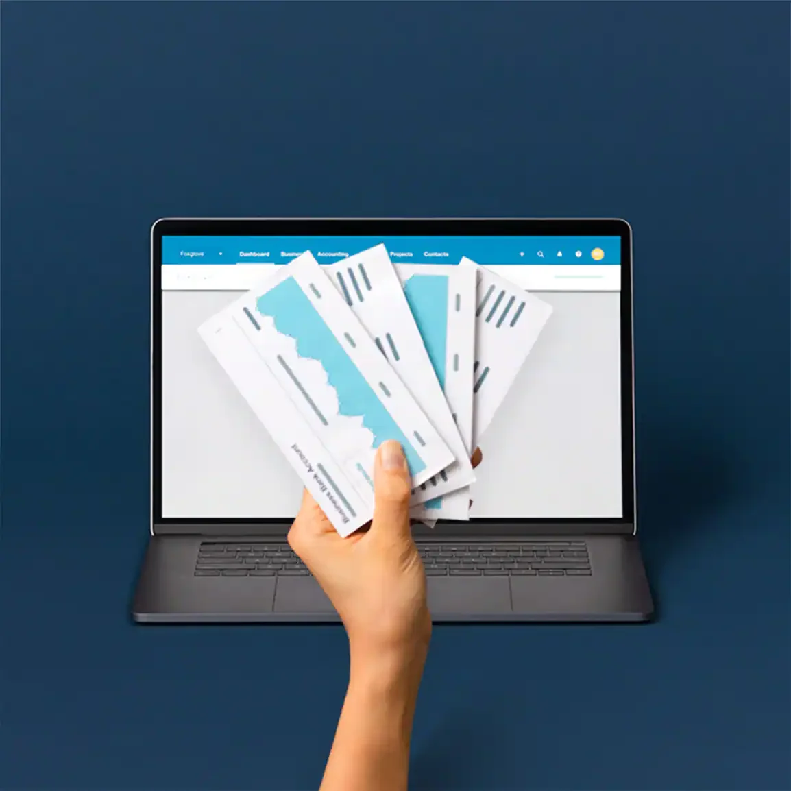 A hand holds paper business reports, illustrating simplified financial oversight with a digital platform. A hand holds paper business reports, illustrating simplified financial oversight with a digital platform.